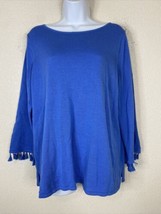 Hannah Womens Size L Blue Knit Blouse 3/4 Sleeve Tassled Fringe Cuff - £6.61 GBP