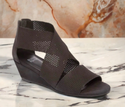 $225 Eileen Fisher Leather Wedge Sandals 8 Black Perforated Shoe Back Zi... - $110.19