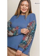 New UMGEE XL Sky Blue Multicolor Floral Long Puff Sleeve Stretch Waffle ... - £18.99 GBP