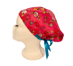 Euro Surgical Scrub Cap, Nurses Hat, Doctor, Floral, Pink, Ponytail, Med... - $19.80