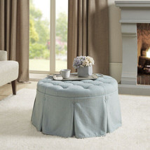 Tufted 32&quot; Round Ottoman Polyester - Blue - £263.57 GBP