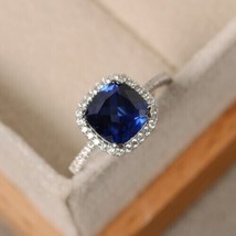 14k White Gold Plated 2.70Ct Cushion Cut Simulated Sapphire Engagement Halo Ring - £93.62 GBP