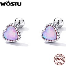 WOSTU 925 Silver Classical Heart Shape Pink Opal Stud Earrings For Women Simple  - £18.67 GBP