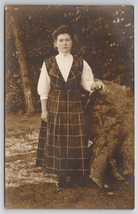 RPPC Pretty Edwardian Woman Plaid Pinafore Dress Rustic Scene Photo Postcard Q21 - £7.95 GBP