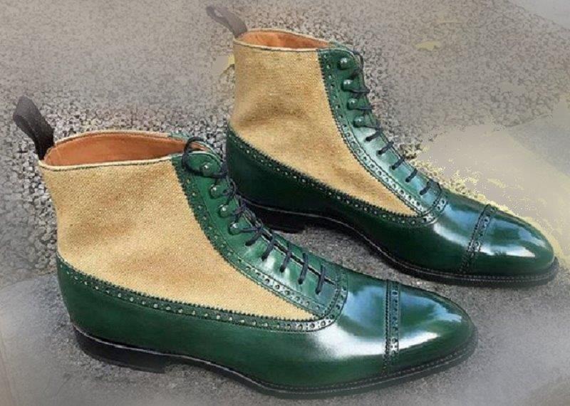 Men High Ankle Boots Green Beige Suede Leather Premium Quality Cap Toe Handmade