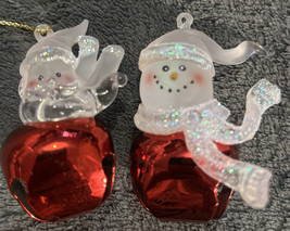 2 Glass Snowman And Santa Claus Red Bell Christmas Ornaments - £9.60 GBP