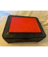 Vintage Plastic Asian Oriental Themed Jewelry / Sewing BOX Embossed Red ... - $14.25