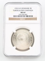 1953-H NS Dinamarca 2 Coronas Moneda de Plata MS-64 NGC Greenland Tuberc... - $181.17