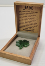 *B9) Green Canadian Jade Lucky 4 Leaf Clover Brooch Pin Wooden Gift Box Set - $64.34