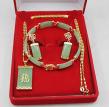 Green Jade 18K Gold Plated Bracelet Lucky Earrings Necklace Pendant Jewelry Set - £28.95 GBP