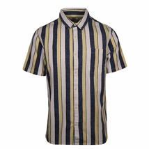 Quiksilver Men&#39;s Navy Yellow White Vertical Striped S/S Woven Shirt (S01) - £13.16 GBP
