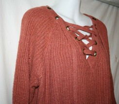 Hi Lo Fall Sweater Juniors MEDIUM Rust Orange Chunky Knit Lace Up Bell Sleeves - £9.16 GBP