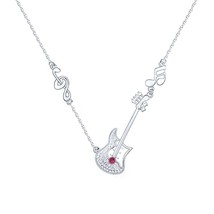 Simulated Ruby Diamond Love Guitar Pendant Long Necklace 14K Gold Plated Silver - £168.66 GBP