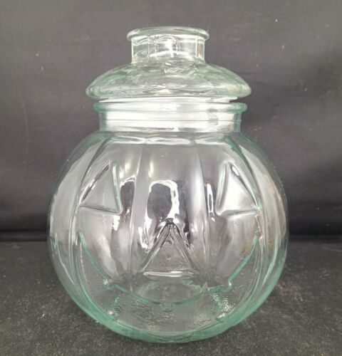 Halloween Jack-O'-Lantern Clear Glass Pumpkin 6" Canister Candy Jar/Lid Libbey - $11.88