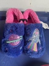 Girls Rocket ship Spaceship Slippers Planets Fuzzy Blue And Pink - £10.98 GBP