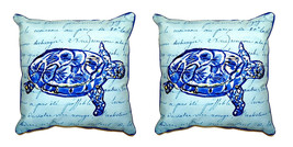 Pair of Betsy Drake Sea Turtle Blue Script Large Pillows 16 Inch X 20 Inch - £71.21 GBP