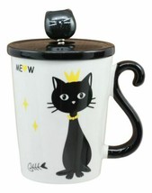 Witchy Black Cat With Golden Crown Ceramic Coffee Tea Mug Cup With Spoon And Lid - £15.25 GBP