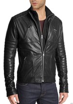 Men&#39;s Genuine Lambskin Leather Jacket Black Slim fit Motorcycle jacket -... - $117.50