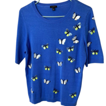Talbots Sweater Womans Large Blue Appliques and Embroidered Butterflies Multi - £16.64 GBP