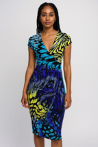 Cache Womens Abstract Print Bodycon Faux Wrap Dress Sz S Blue Yellow Black - $545.74 MXN