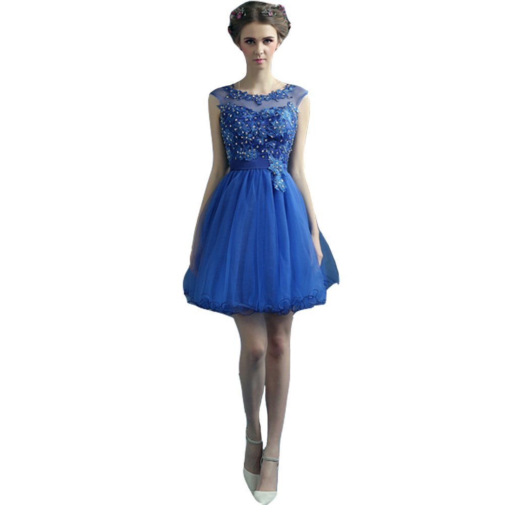 Kivary Royal Blue Bateau Short Tulle Lace Appliques Prom Homecoming Party Dresse