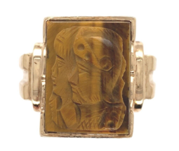 10k Gold Men&#39;s Ring w/ Genuine Natural Tiger&#39;s Eye Double Warrior Cameo (#J6635) - £404.32 GBP