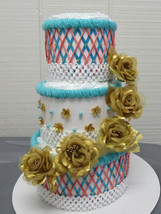 Turquoise , Coral and Gold 3 Tier Diaper Cake - £51.11 GBP