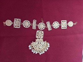 Bollywood Style Indian Gold Plated Kundan Head Band sheesh full Hair Jewelry Set - £22.77 GBP