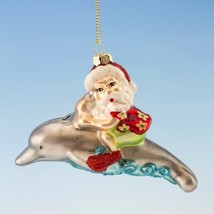Hand Blown Glass Santa On Dolphin Coastal Nautical Christmas Tree Ornament - £10.10 GBP