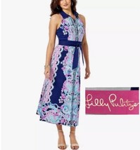 Lilly Pulitzer Dress Womens 8 Novah Stretch Midi Shirtdress Blue Belt Cami Boho - $142.38