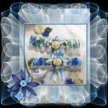 Pastel Blue n Green Floral Fabric Flower Wedding Garter Set   - $15.00
