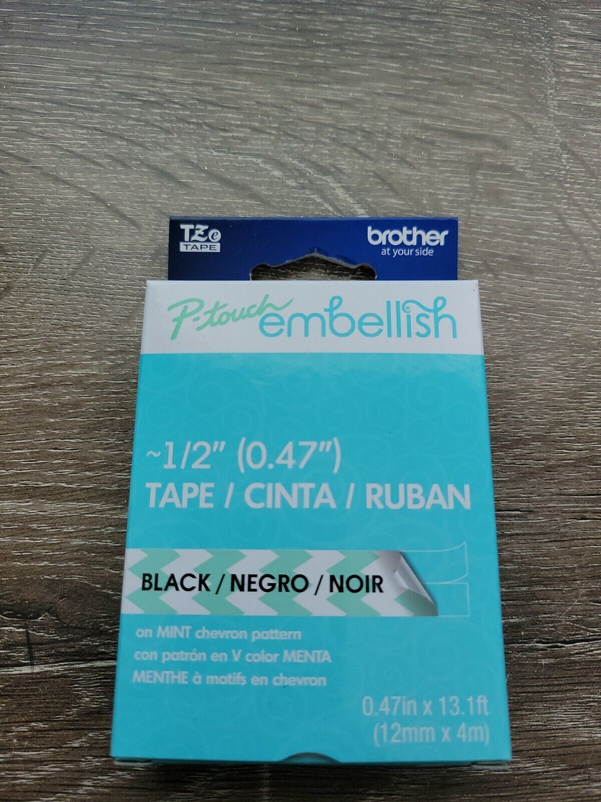 Brother™ P-touch Embellish Tape. 1/2" Black on Mint Chevron Pattern 0.47"x 13.1' - £14.93 GBP