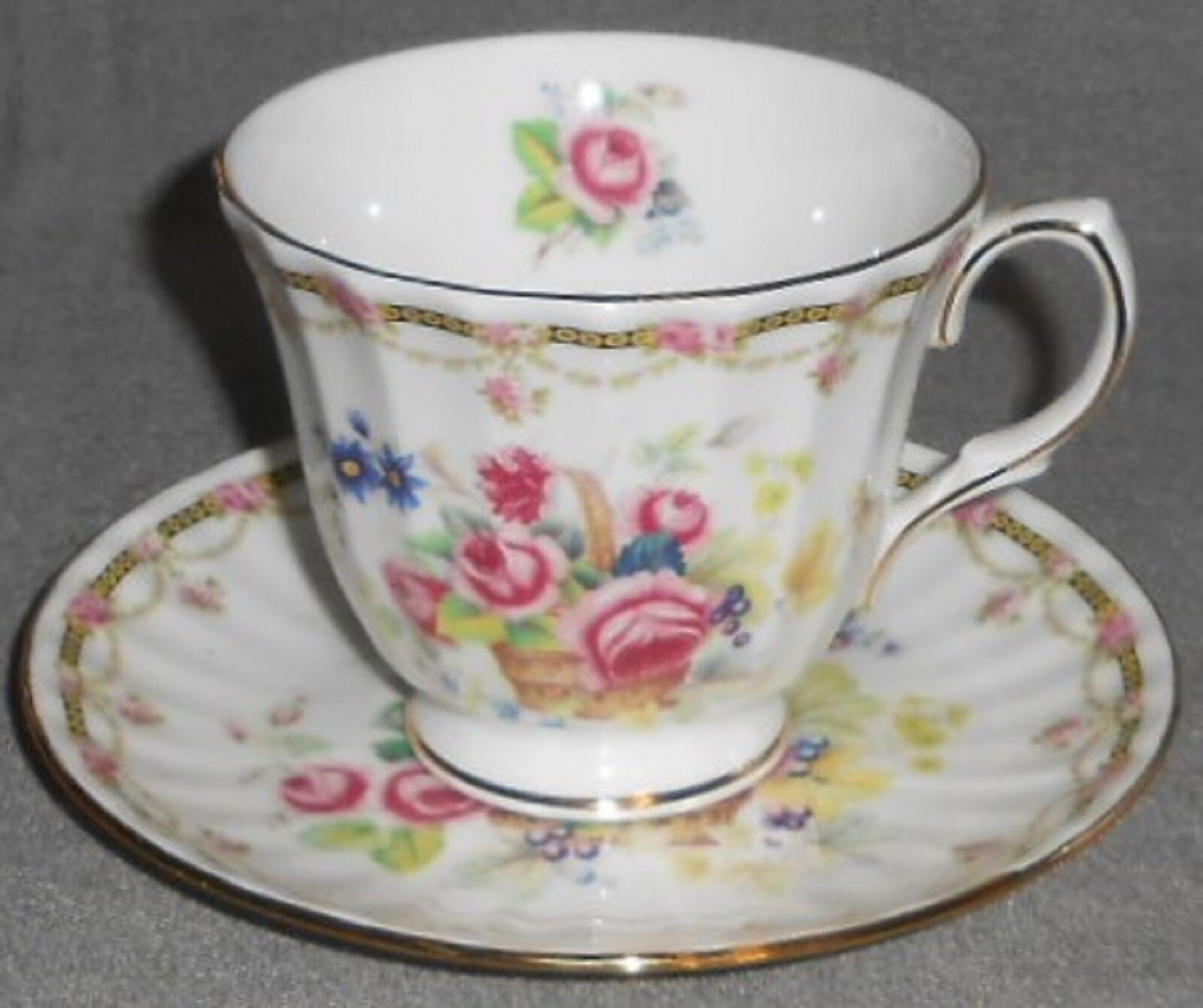 DUCHESS Fine Bone China FLOWER BASKET MOTIF Cup and Saucer MADE IN ENGLAND - $24.74