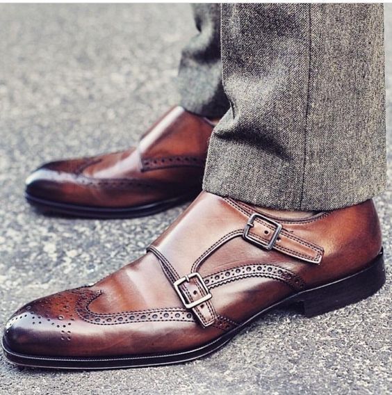 NEW Handmade Brown Leather Wing Tip Shoes, Men's Double Monk Shoes, Men Straps S