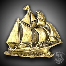 Vintage Belt Buckle Solid Brass Sail Boat Sailboat Ship Pirate Ship Gold-Tone - £29.29 GBP