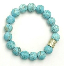 Dyed Turquoise Howlite Hammered Gold Tone Beaded Stretch Bracelet - £9.47 GBP