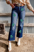 Sail Blue Turquoise Pattern Raw Edge Cropped High Waist Jeans - $740.83 MXN