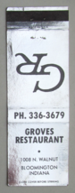 Groves Restaurant - Bloomington, Indiana 20 Strike Matchbook Cover Matchcover IN - £1.37 GBP
