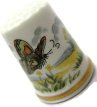 Butterfly Field Scene Porcelain Ceramic White Thimble Vintage Gold Trim Band - £11.86 GBP