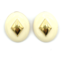 MONET vintage stud earrings - large cream enamel oval gold-tone triangle pierced - £15.98 GBP