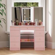 Makeup Vanity Desk Pink 9 Drawers Wood Dressing Table Mirrors Modern Glass Top - $179.99