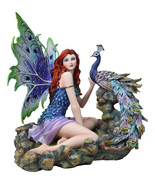 Large Fantasy Fairy With Blue Iridescent Train Wings Sitting By Peacock ... - $2,472.96 MXN