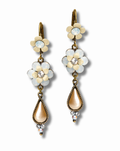 Elegant Brass Floral Dangle Drop Earrings w/ Swarovski Crystals Women 5cm/2&quot; - £51.64 GBP