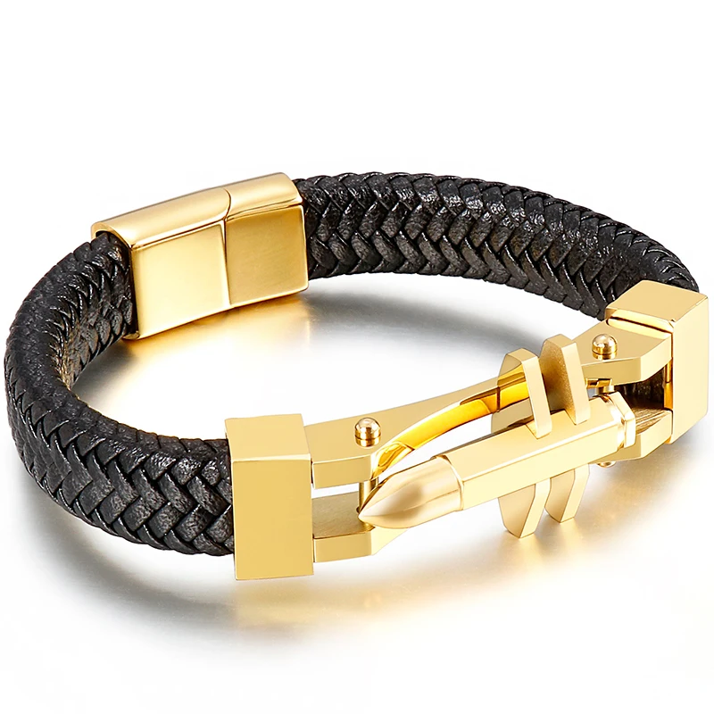 11MM Braided Leather Man Bracelet For Men Gold Plated Stainless Steel Men&#39;s Char - £21.01 GBP