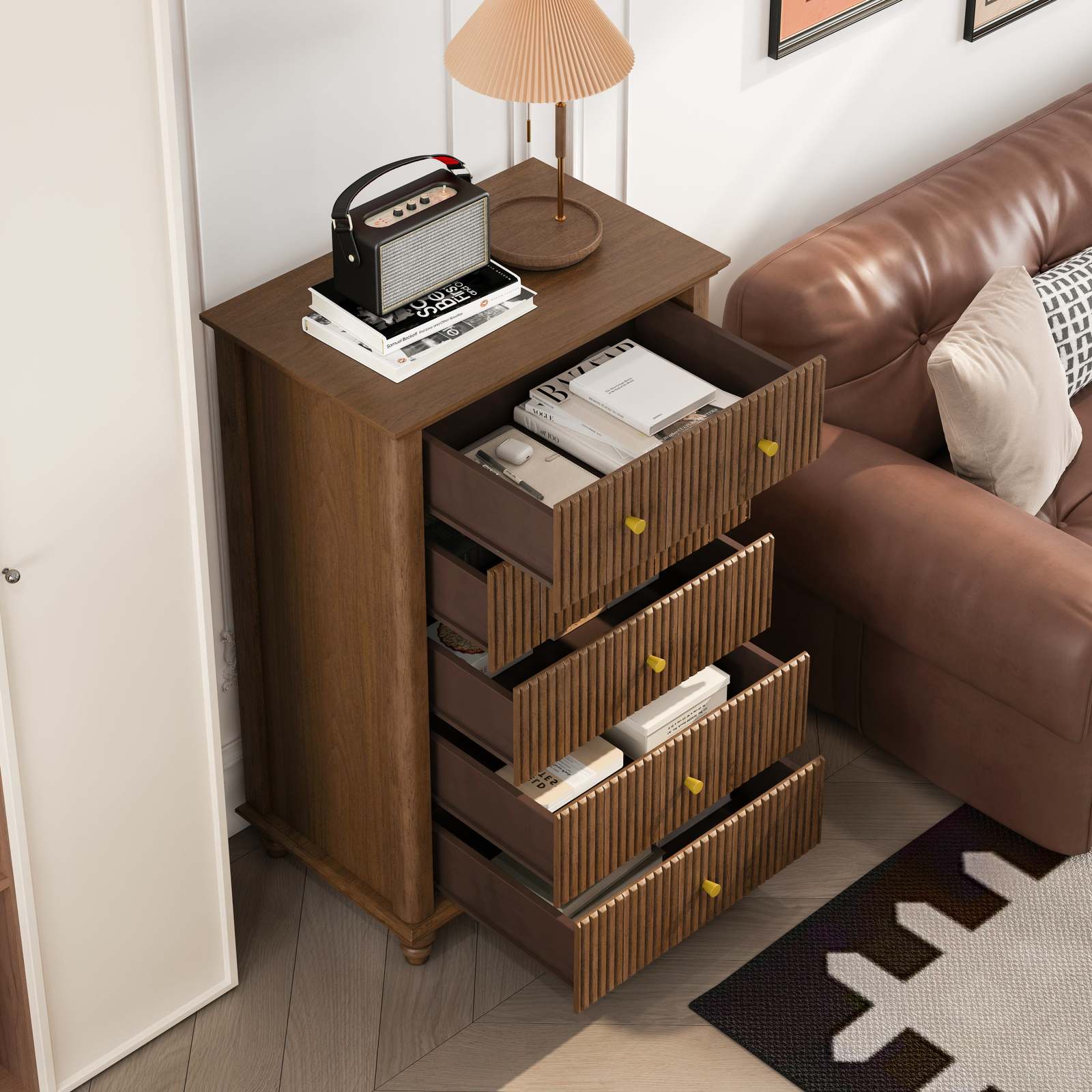Modern Walnut Fluted 5-Drawer Dresser - 45" Tall Bedroom Chest Item image 3
