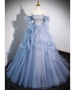 Beaded Tulle Ruffled Ball Gown with Puff Sleeves  - £504.14 GBP