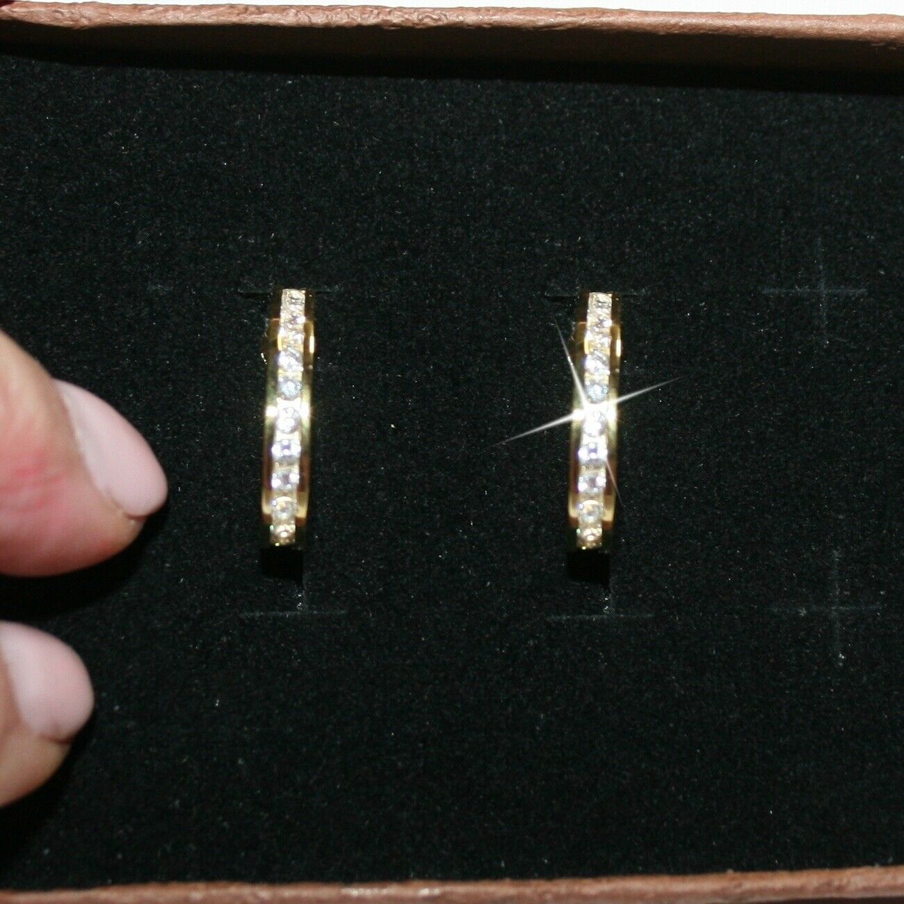 Diamond Alternatives Channel Set Semi Hoop Earrings Yellow 14k Gold over 925 SS - $42.13