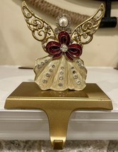 Beautiful Golden Christmas Stocking Hanger, Angel With Wings And Red Ribbon - £30.12 GBP