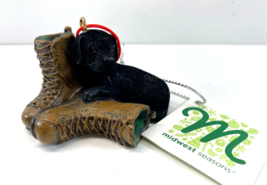 Midwest Seasons of Cannon Falls Christmas Ornament Ceramic Black Dog Lying Boots - £12.65 GBP