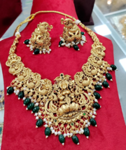 Indian Bollywood Style Matt Gold Plated Necklace Temple Goddess Jewelry Set - £38.19 GBP